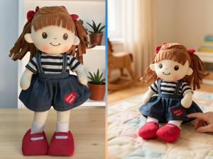 Embroidered baby doll with red heart patch labeled ‘Baby Hart’ — custom plush gift for children or keepsake display.