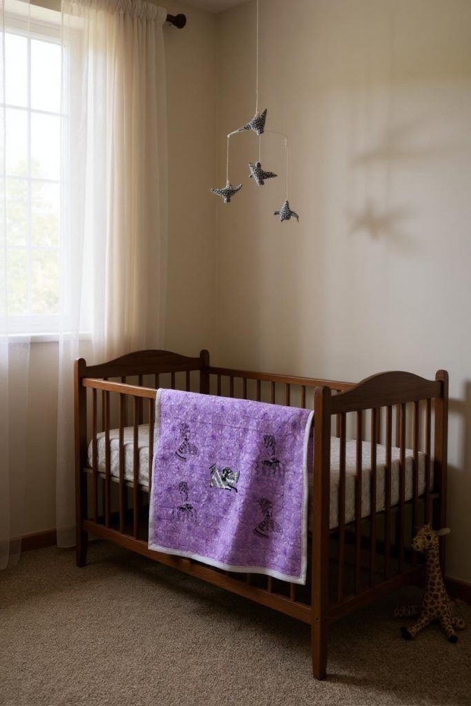 Purple embroidered quilt with female figures hanging on baby crib