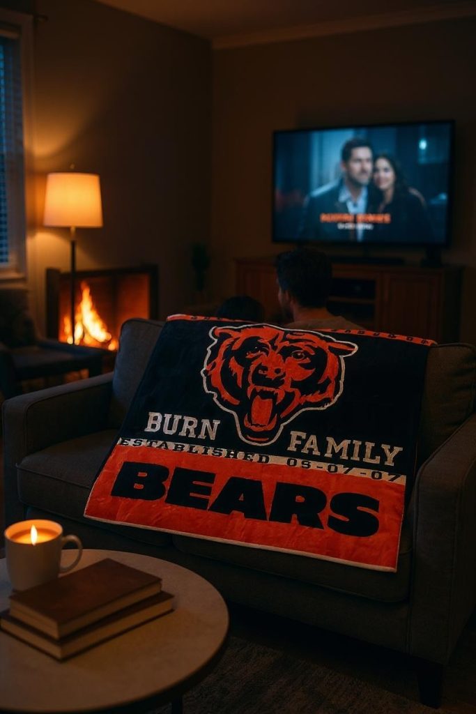Burn Family Bears embroidered blanket on couch in dim living room