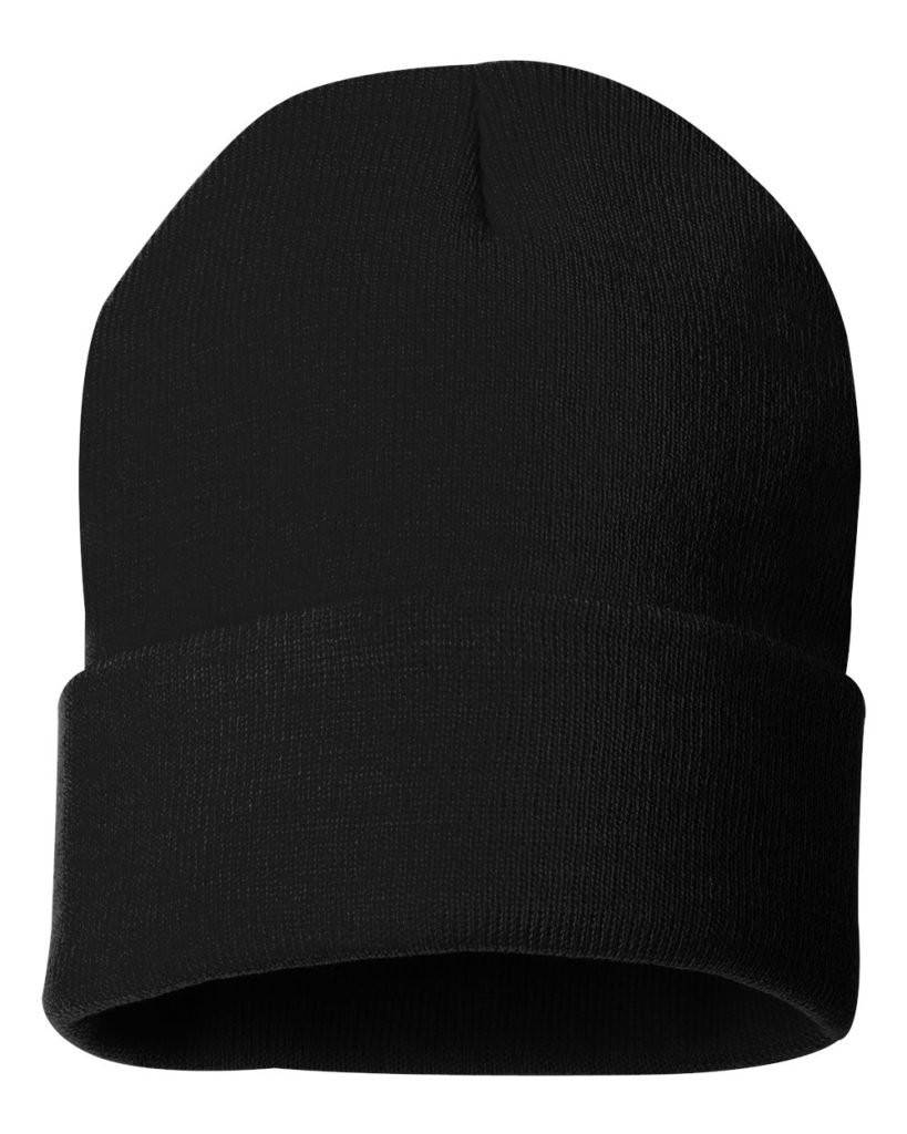 Custom embroidered Sportsman 12-inch cuffed beanie in heather grey, folded to show 3-inch cuff, ideal for cold weather and personalized branding.