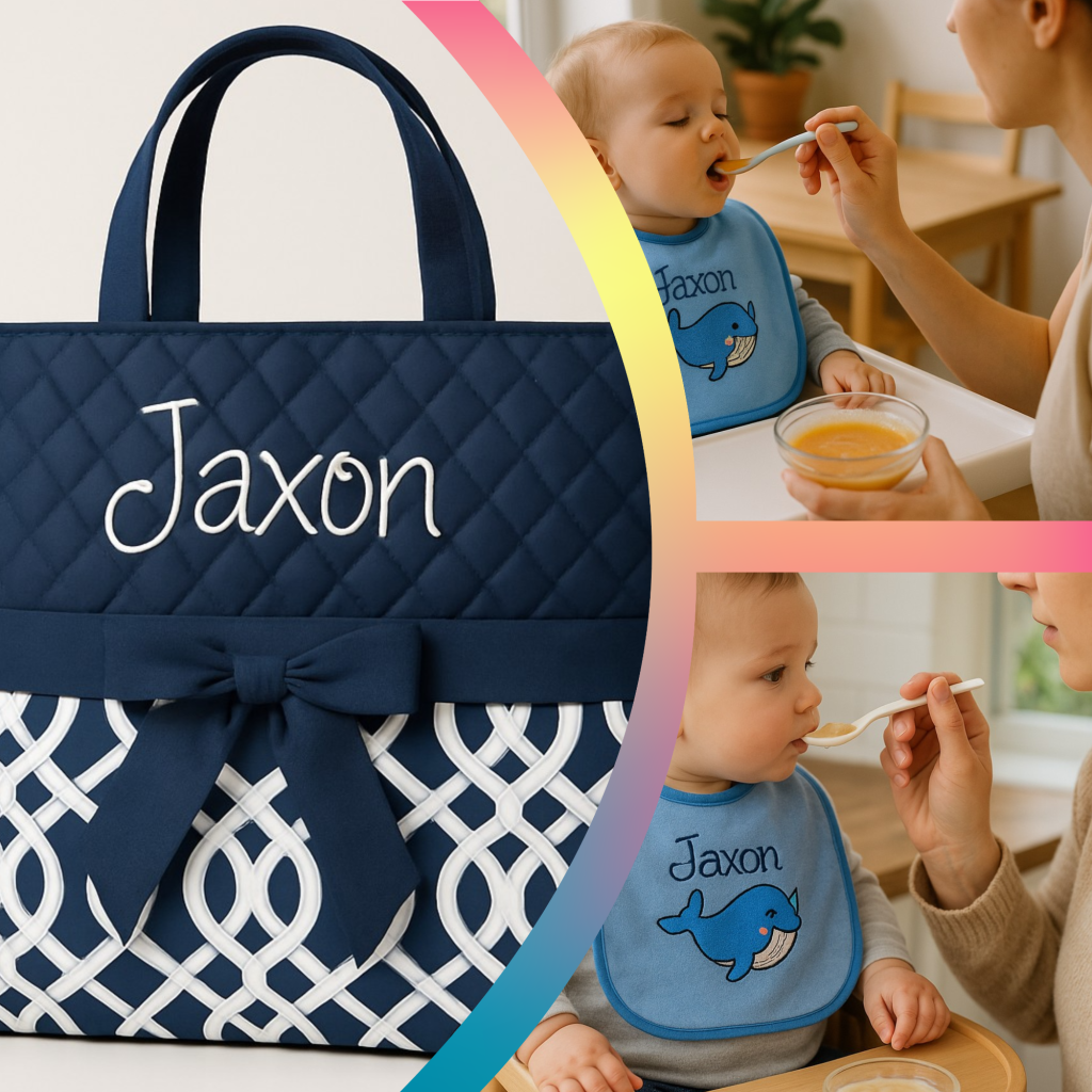 Custom embroidered baby bib and quilted diaper bag set with the name “Jaxon” — shown during a baby feeding moment. Ideal for newborn or family gifts.