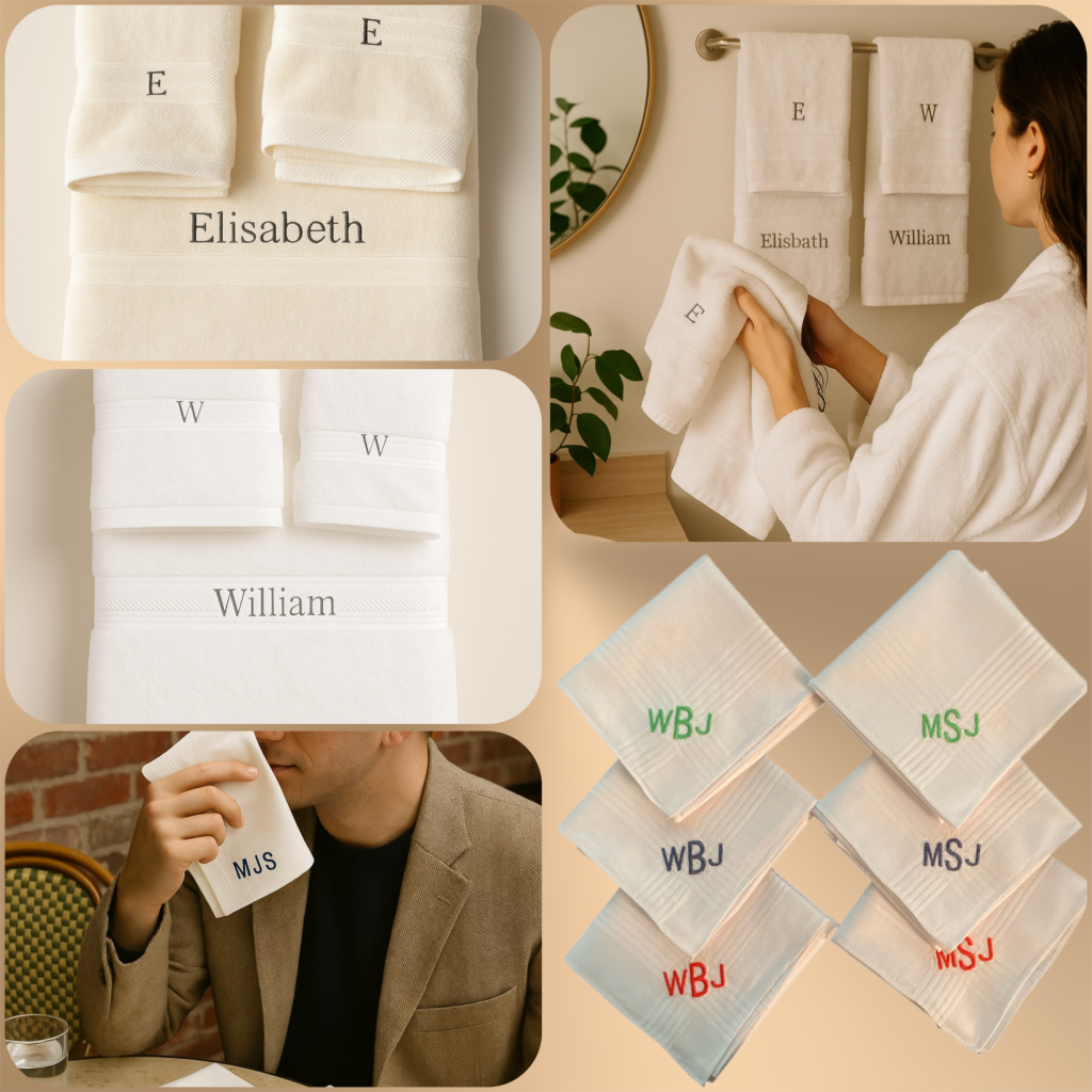 White towels and handkerchiefs custom embroidered with names and initials — shown folded, hanging, and in use. Ideal for weddings, housewarmings, and refined gifting.