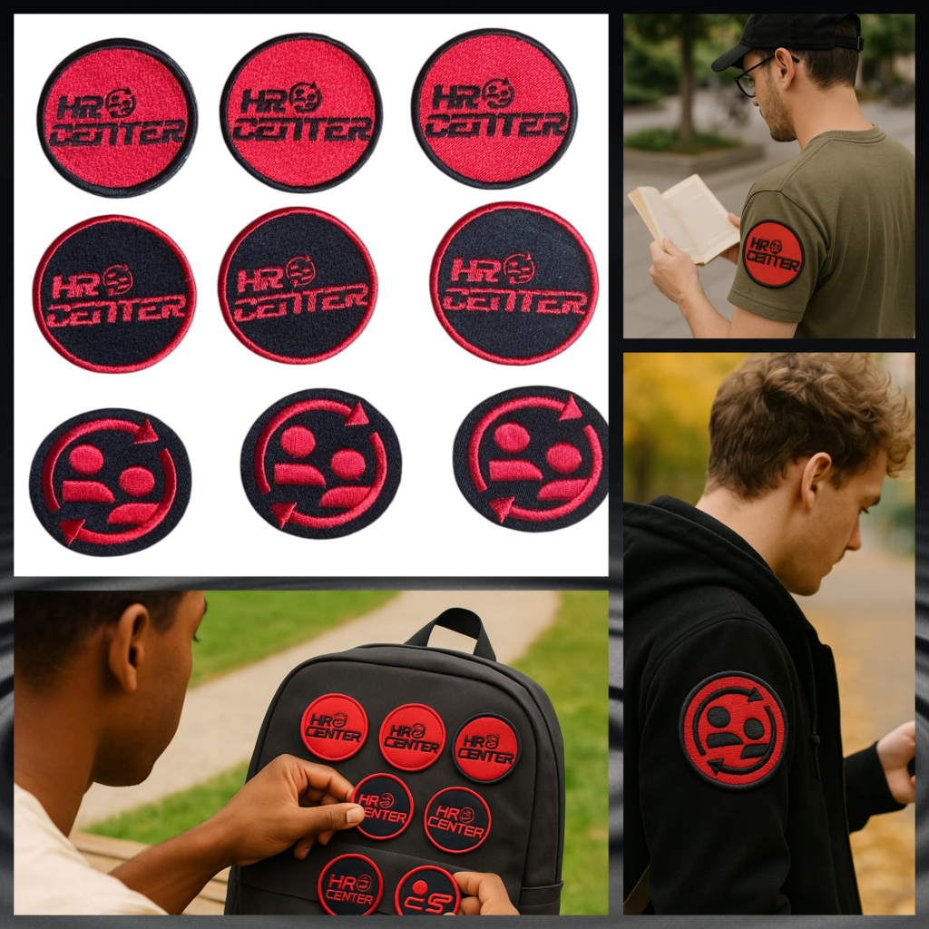 Custom embroidered patch displayed on a backpack, T-shirt shoulder, and flat lay — highlighting versatile branding and personal style options.