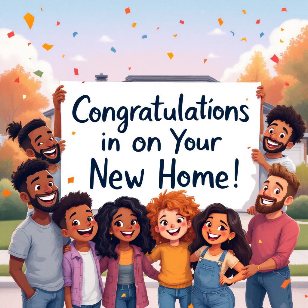 Group of friends celebrating a housewarming with a congratulations sign — ideal scene for personalized new home embroidery gift ideas