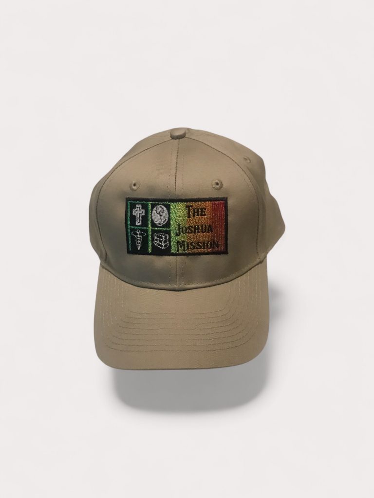 Tan cap with multicolor embroidered patch for The Joshua Mission