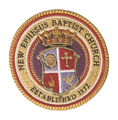 Circular embroidered patch featuring the New Ephesus Baptist Church crest with gold, red, and purple threads.