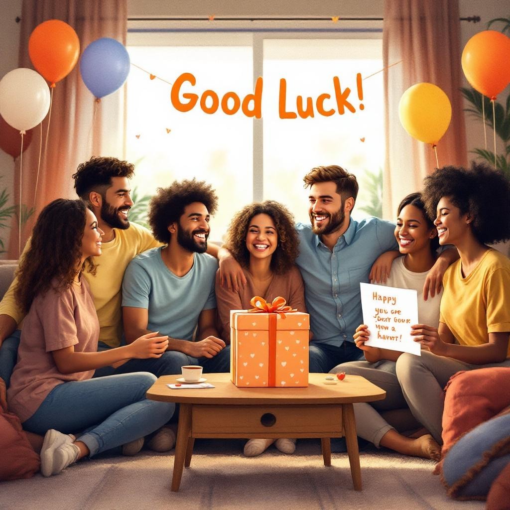 Friends gathered for a farewell party with a good luck gift box — perfect inspiration for personalized parting or going-away embroidery gifts