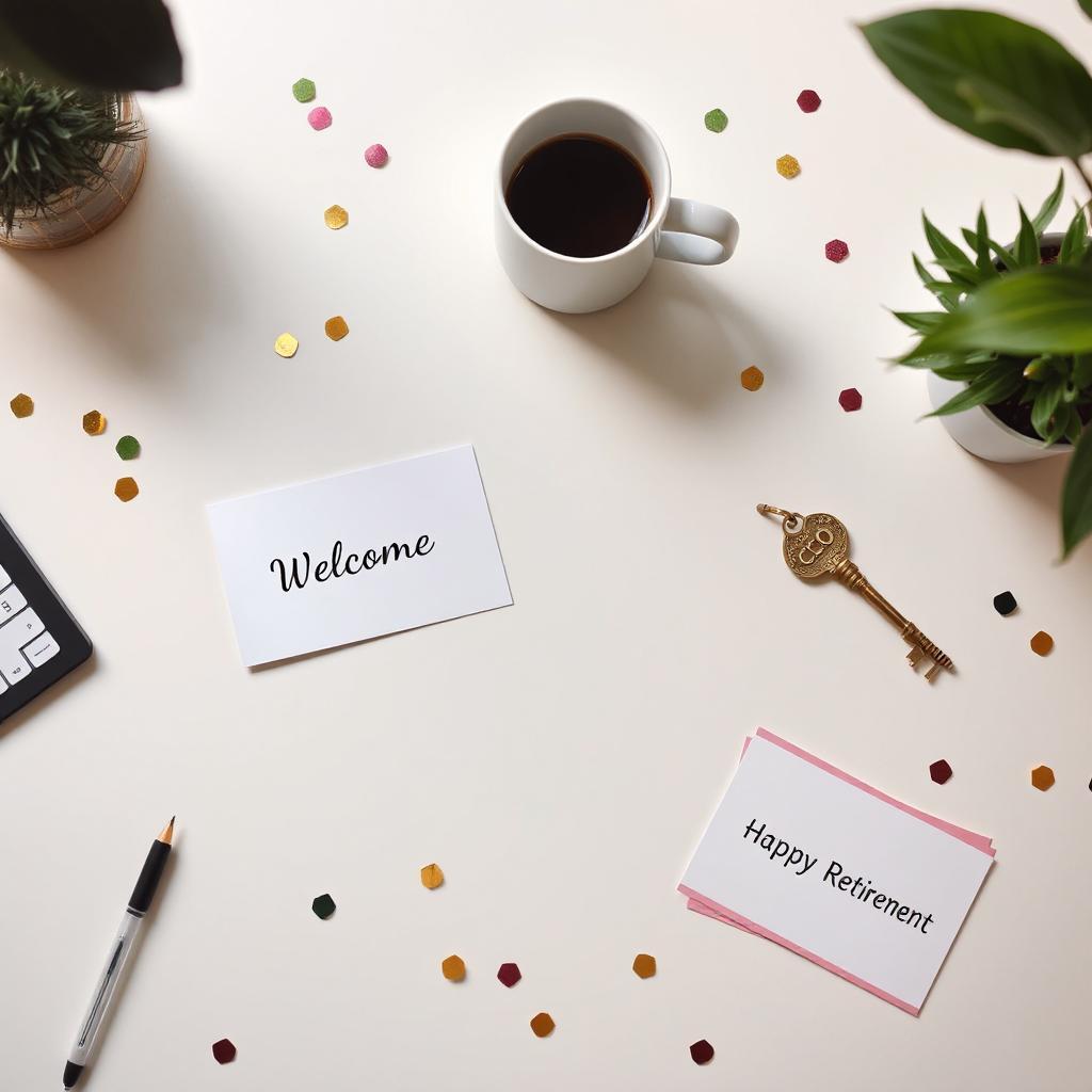 Desk setup with welcome and happy retirement cards, confetti, and a symbolic key — thoughtful embroidery gift inspiration for new jobs, promotions, or retirement celebrations.