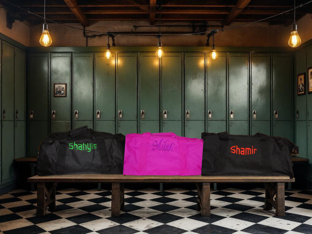 Custom embroidered duffle bags with names Shanyis, Milah, and Shamir — displayed in vintage locker room setting.