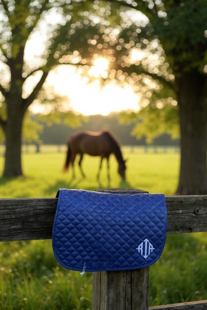 Blue diamond monogrammed RIA saddle pad staged near grazing horse